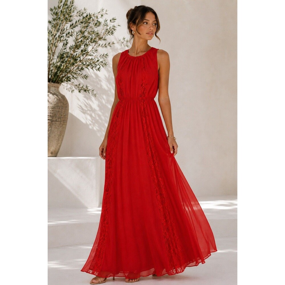Aakaa Red Lace Maxi Dress Sleeveless Keyhole Back Boho Romantic Size Small